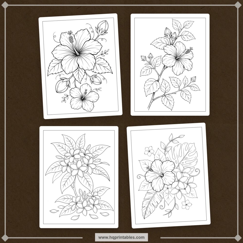 Tropical coloring book for adults with Hawaiian flowers, hibiscus, and paradise botanicals