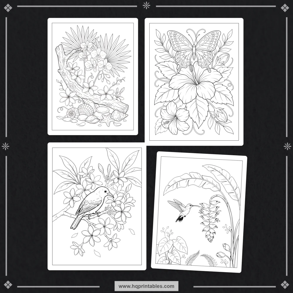 Tropical coloring book for adults with Hawaiian flowers, hibiscus, and paradise botanicals