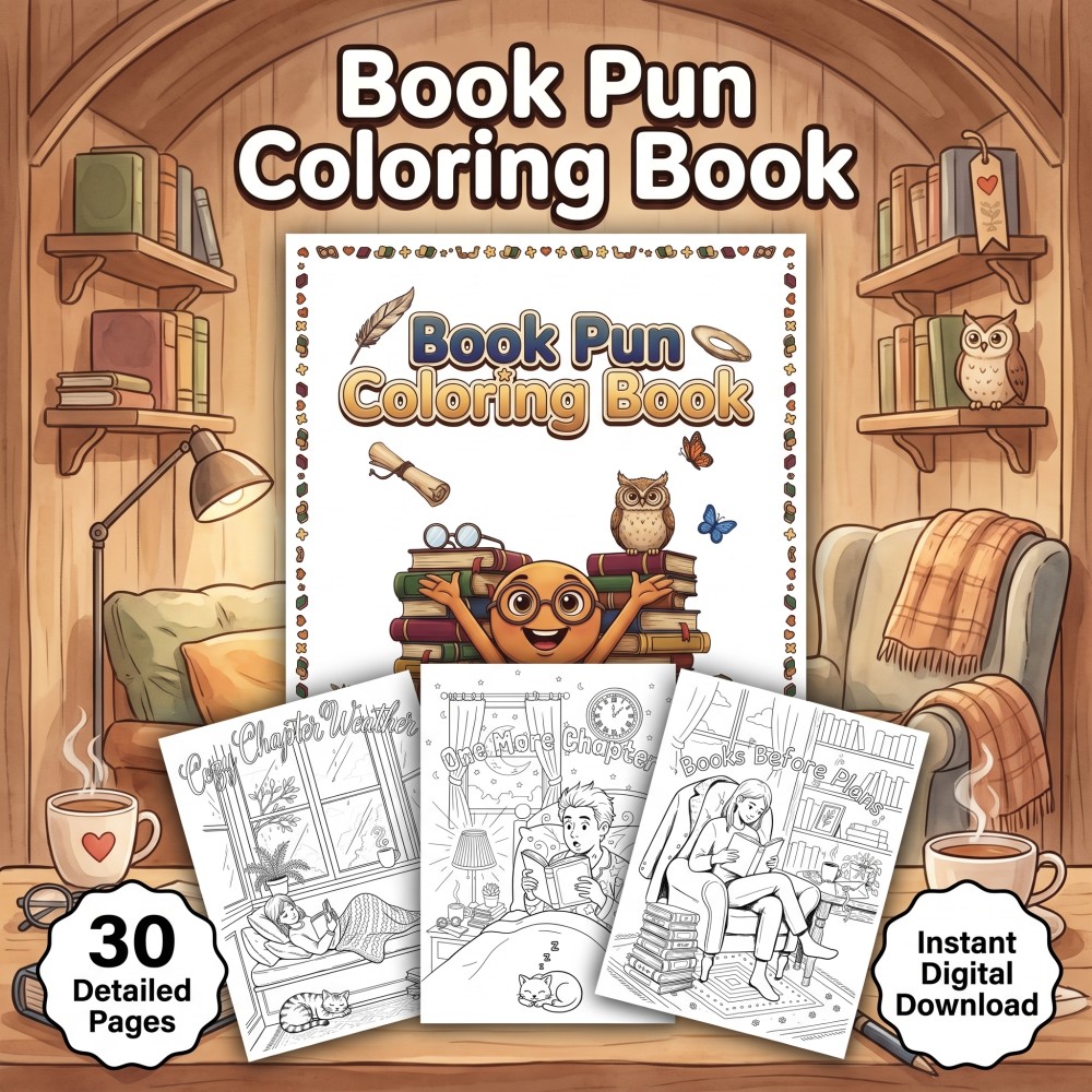 Cover preview for a book pun coloring book centered on reading humor and bookish themes for book lovers.