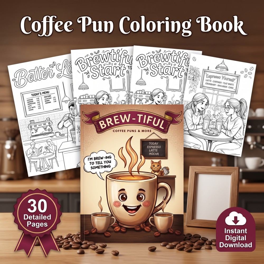 Cover preview for a coffee pun coloring book featuring caffeine humor, café culture, and playful coffee scenes.