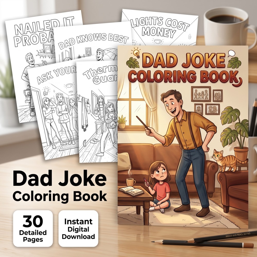 Cover preview for a dad joke coloring book featuring visual humor, familiar dad moments, and playful family comedy.