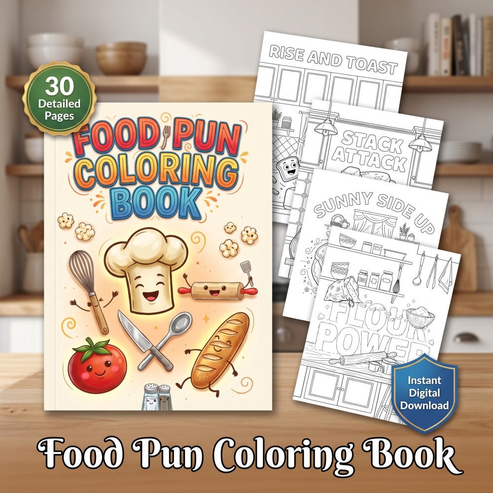Food pun coloring book for adults featuring funny foodie scenes and integrated colorable phrases.