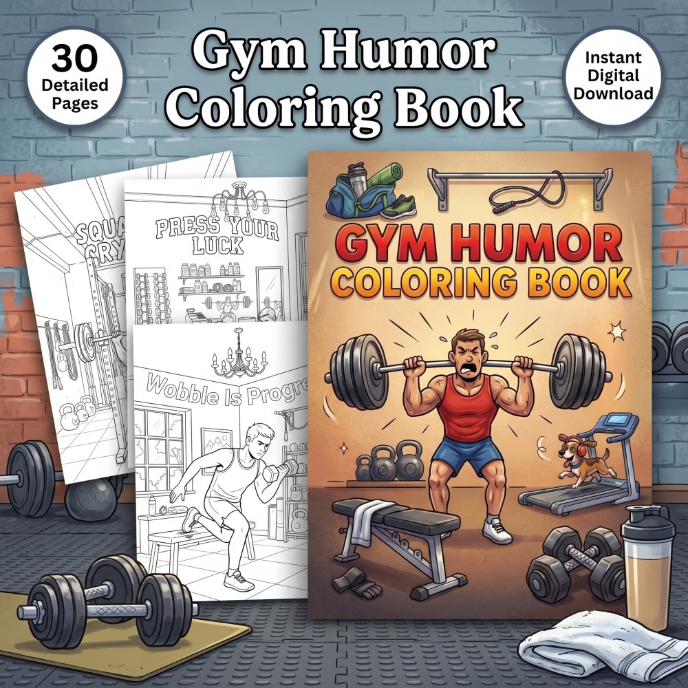 Gym humor coloring book for adults featuring relatable workout jokes and fitness-culture scenes.