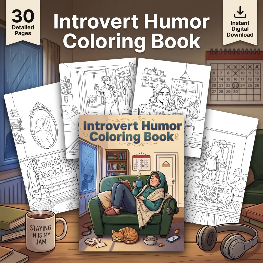 Introvert humor coloring book preview representing relatable homebody moments and social avoidance comedy.