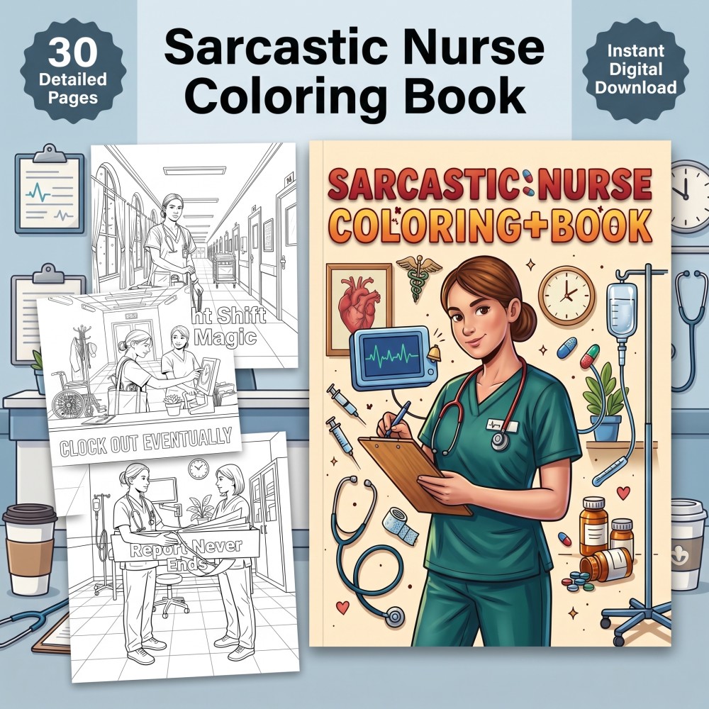 Sarcastic nurse coloring book preview representing relatable shift comedy and healthcare workplace humor.