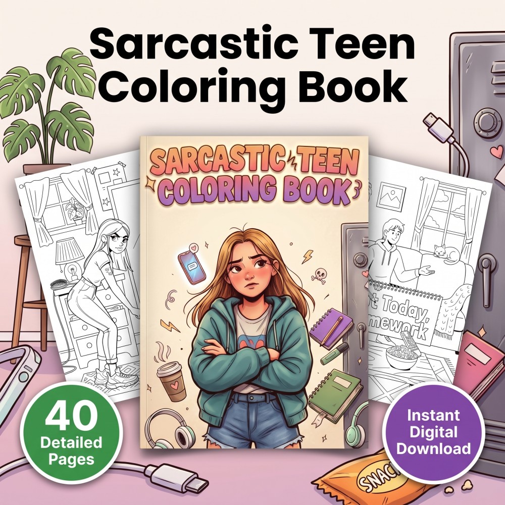 Printable sarcastic teen coloring book preview featuring snarky youth humor and relatable everyday situations.