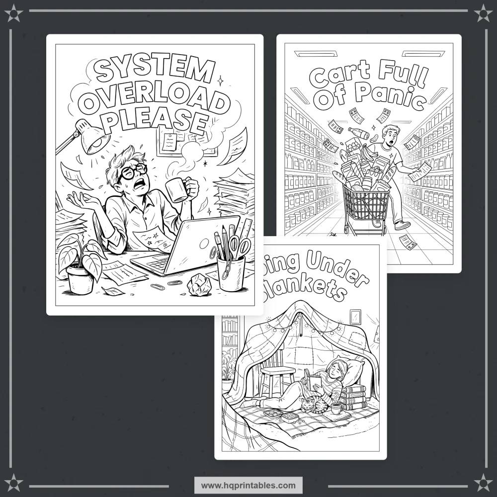 A printable anxiety humor coloring book cover featuring relatable mental health jokes for adult stress relief.