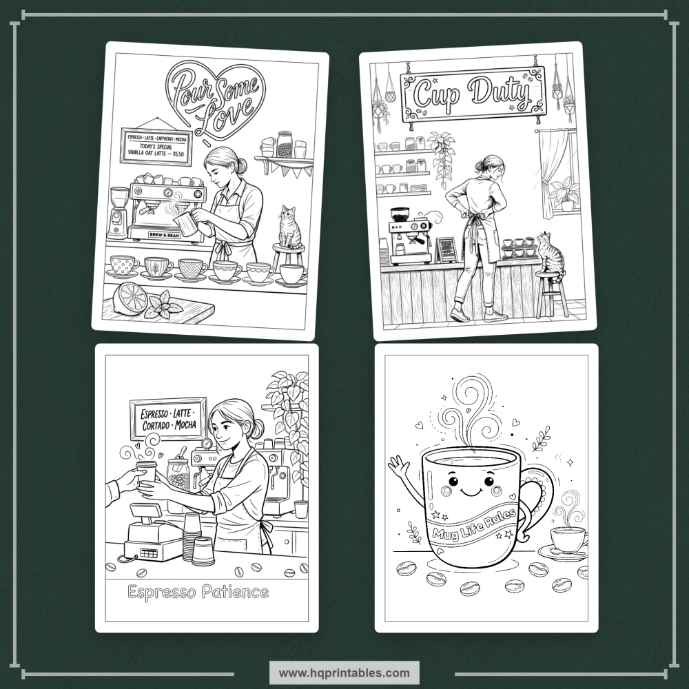 Cover preview for a coffee pun coloring book featuring caffeine humor, café culture, and playful coffee scenes.