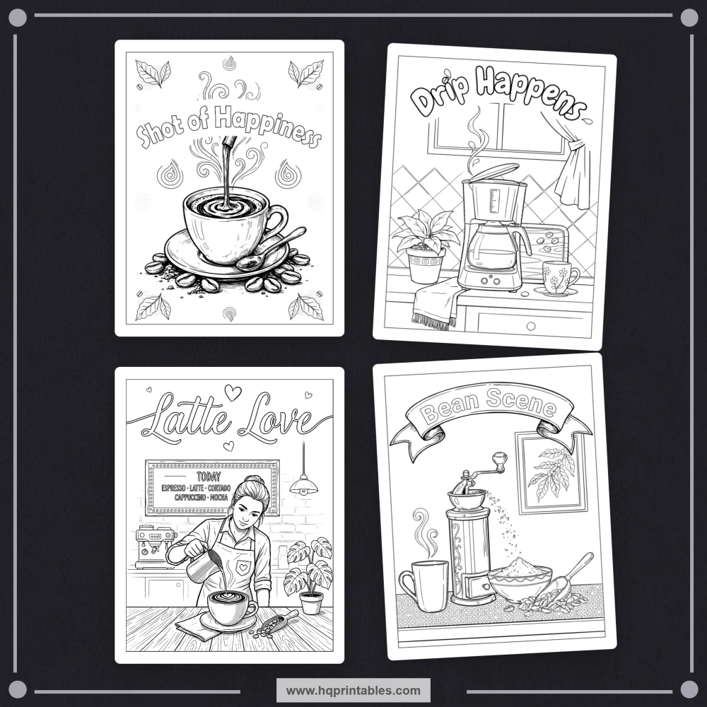 Cover preview for a coffee pun coloring book featuring caffeine humor, café culture, and playful coffee scenes.