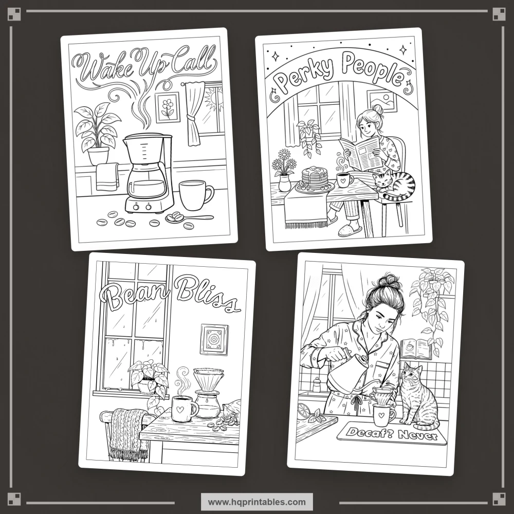 Cover preview for a coffee pun coloring book featuring caffeine humor, café culture, and playful coffee scenes.