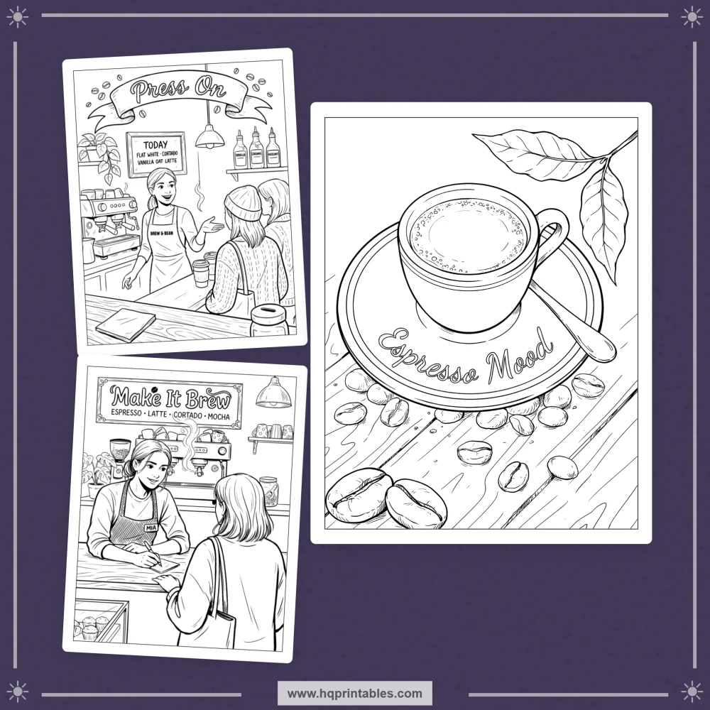 Cover preview for a coffee pun coloring book featuring caffeine humor, café culture, and playful coffee scenes.