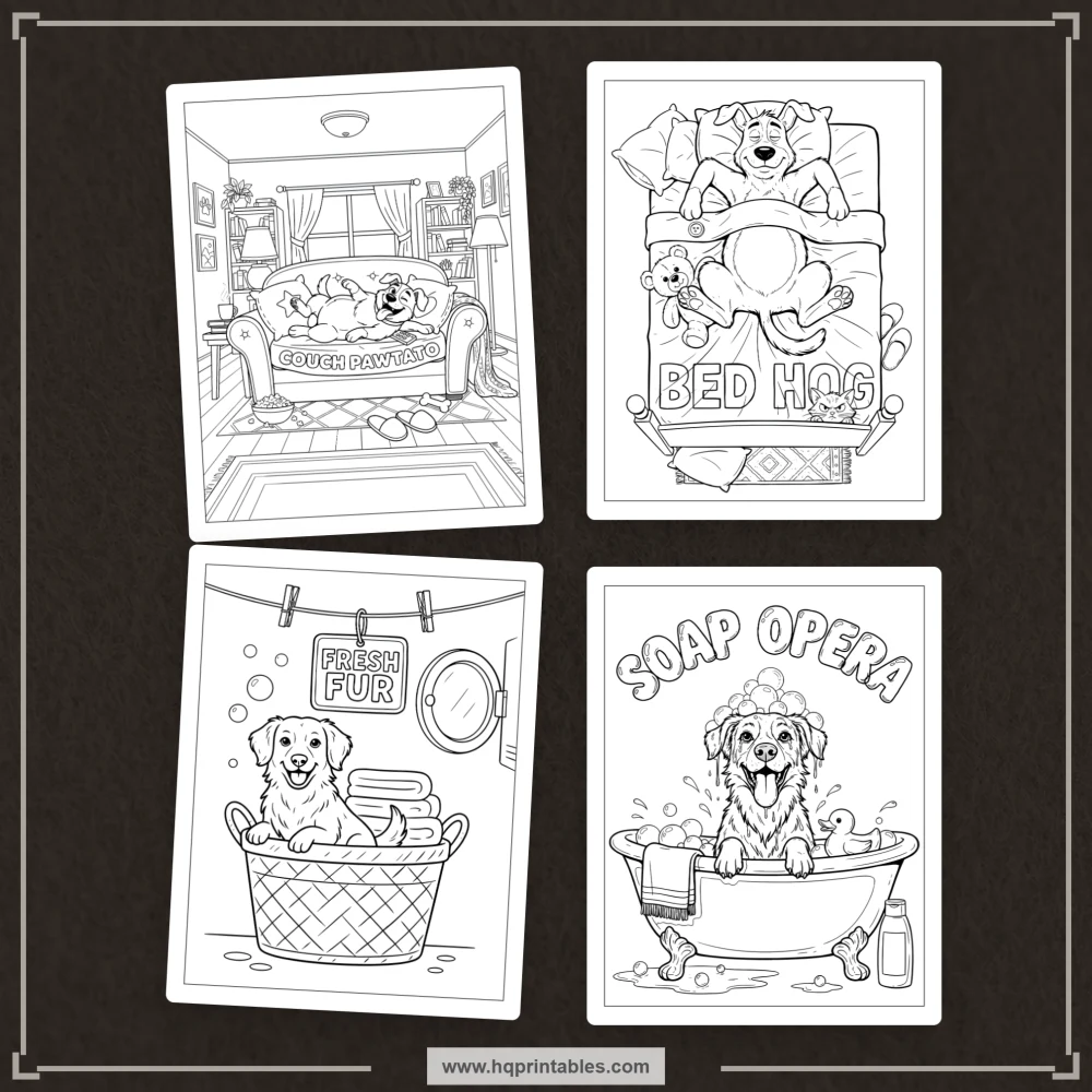 Cover preview for a dog pun coloring book featuring playful canine humor, expressive dogs, and familiar pet-life scenes.