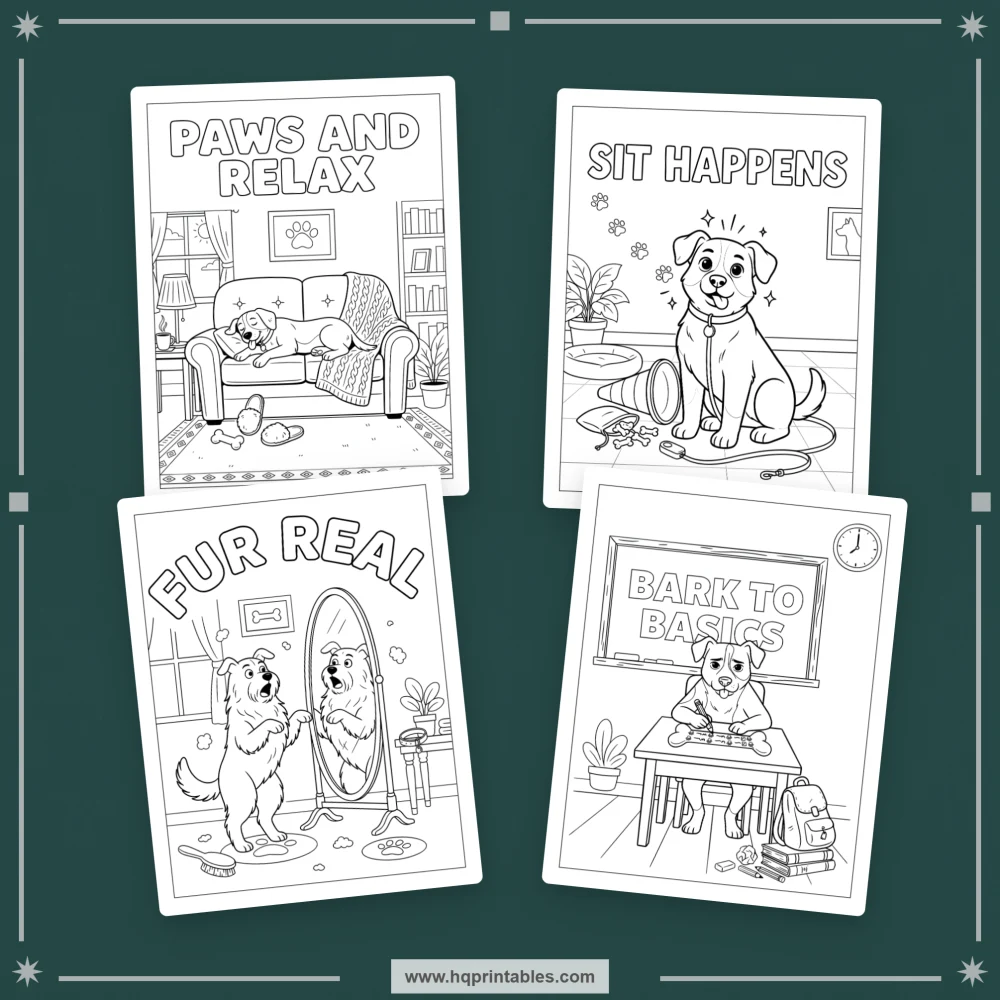 Cover preview for a dog pun coloring book featuring playful canine humor, expressive dogs, and familiar pet-life scenes.