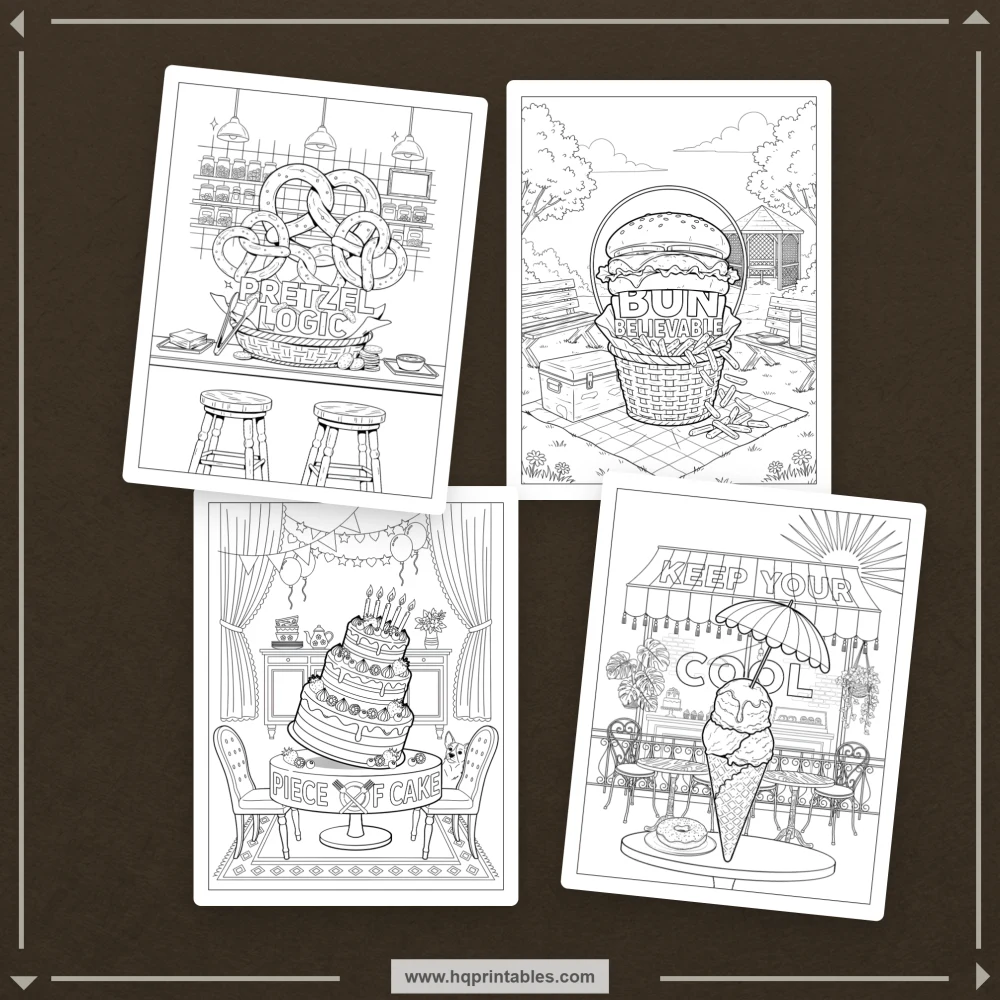 Food pun coloring book for adults featuring funny foodie scenes and integrated colorable phrases.