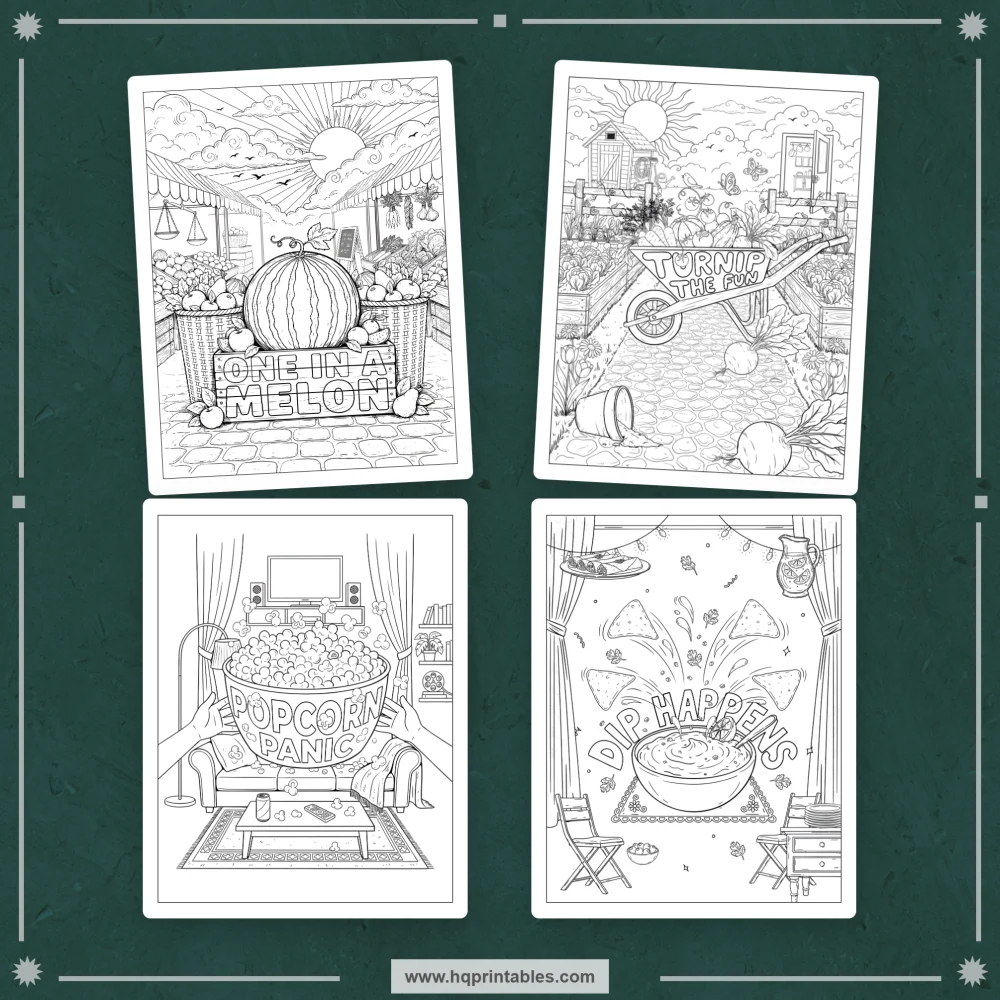Food pun coloring book for adults featuring funny foodie scenes and integrated colorable phrases.