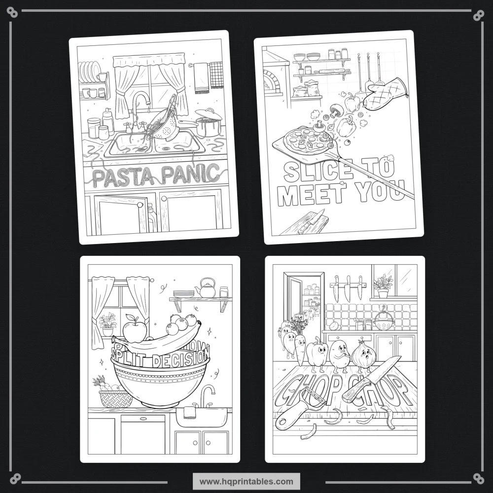 Food pun coloring book for adults featuring funny foodie scenes and integrated colorable phrases.