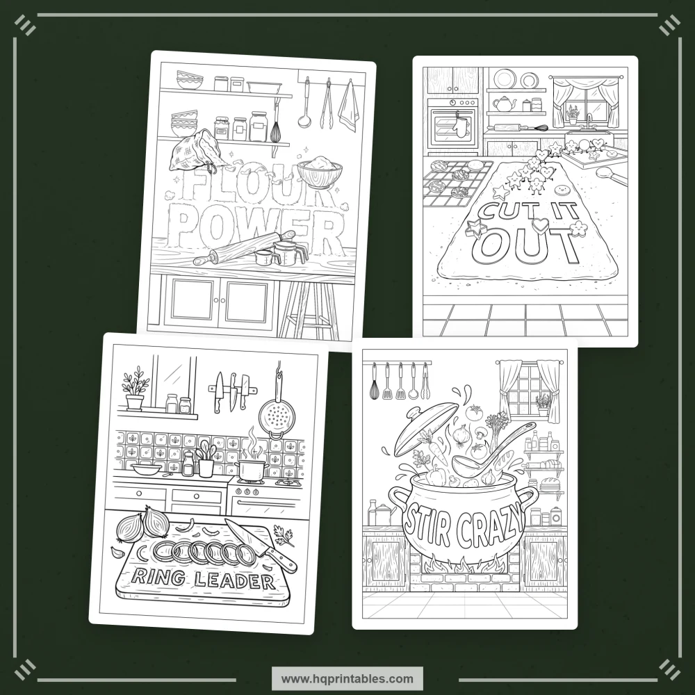 Food pun coloring book for adults featuring funny foodie scenes and integrated colorable phrases.