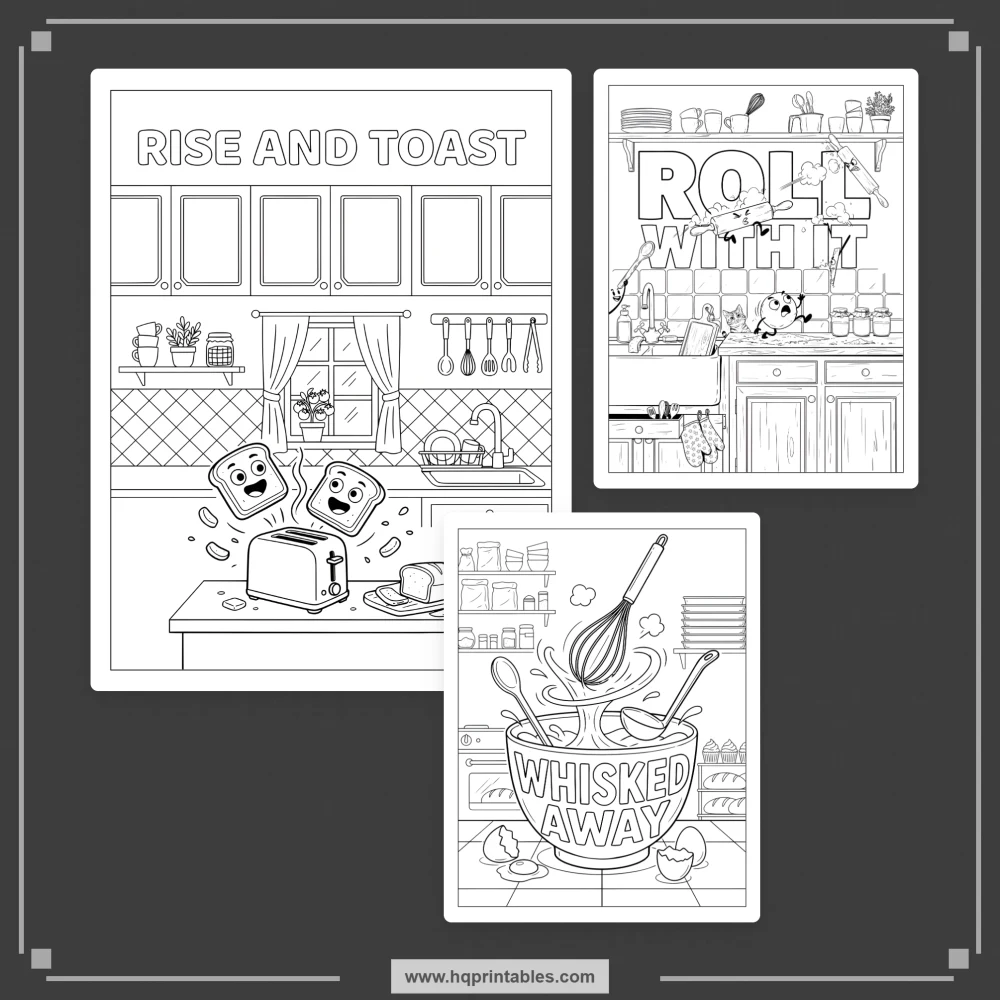 Food pun coloring book for adults featuring funny foodie scenes and integrated colorable phrases.