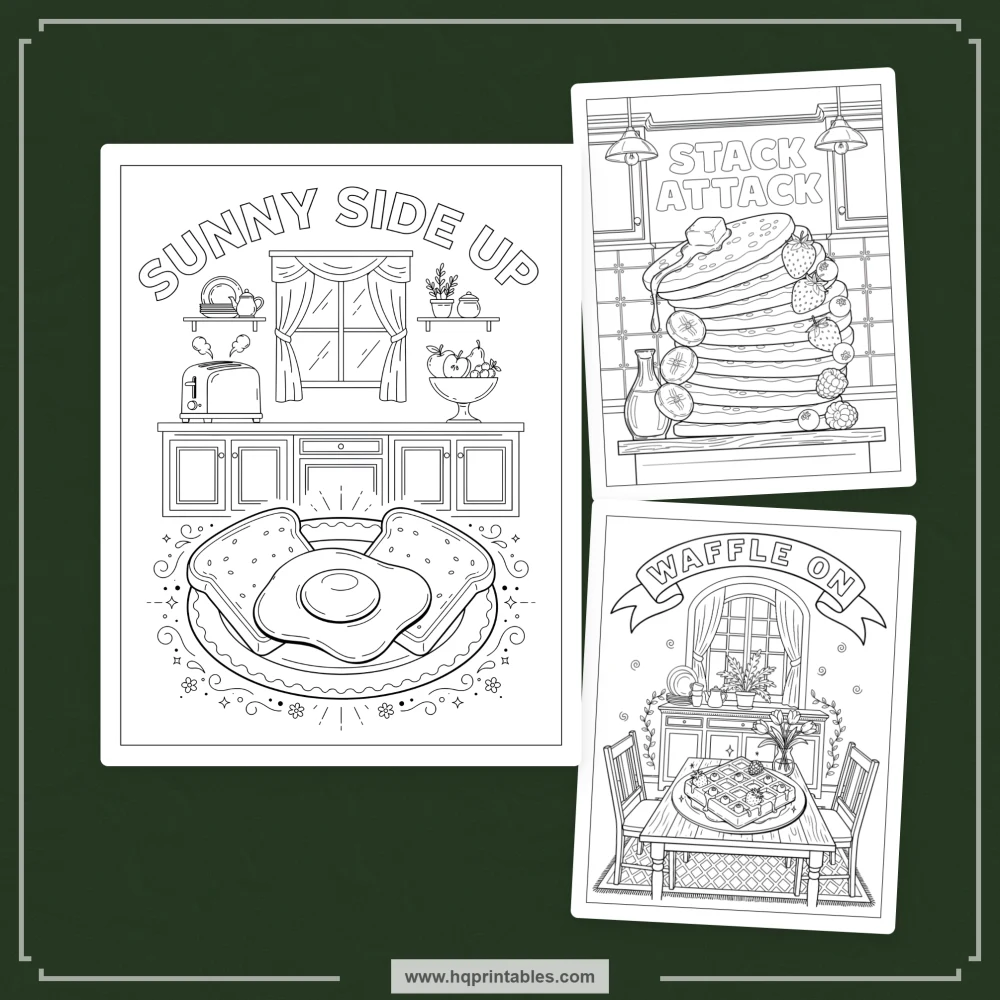 Food pun coloring book for adults featuring funny foodie scenes and integrated colorable phrases.