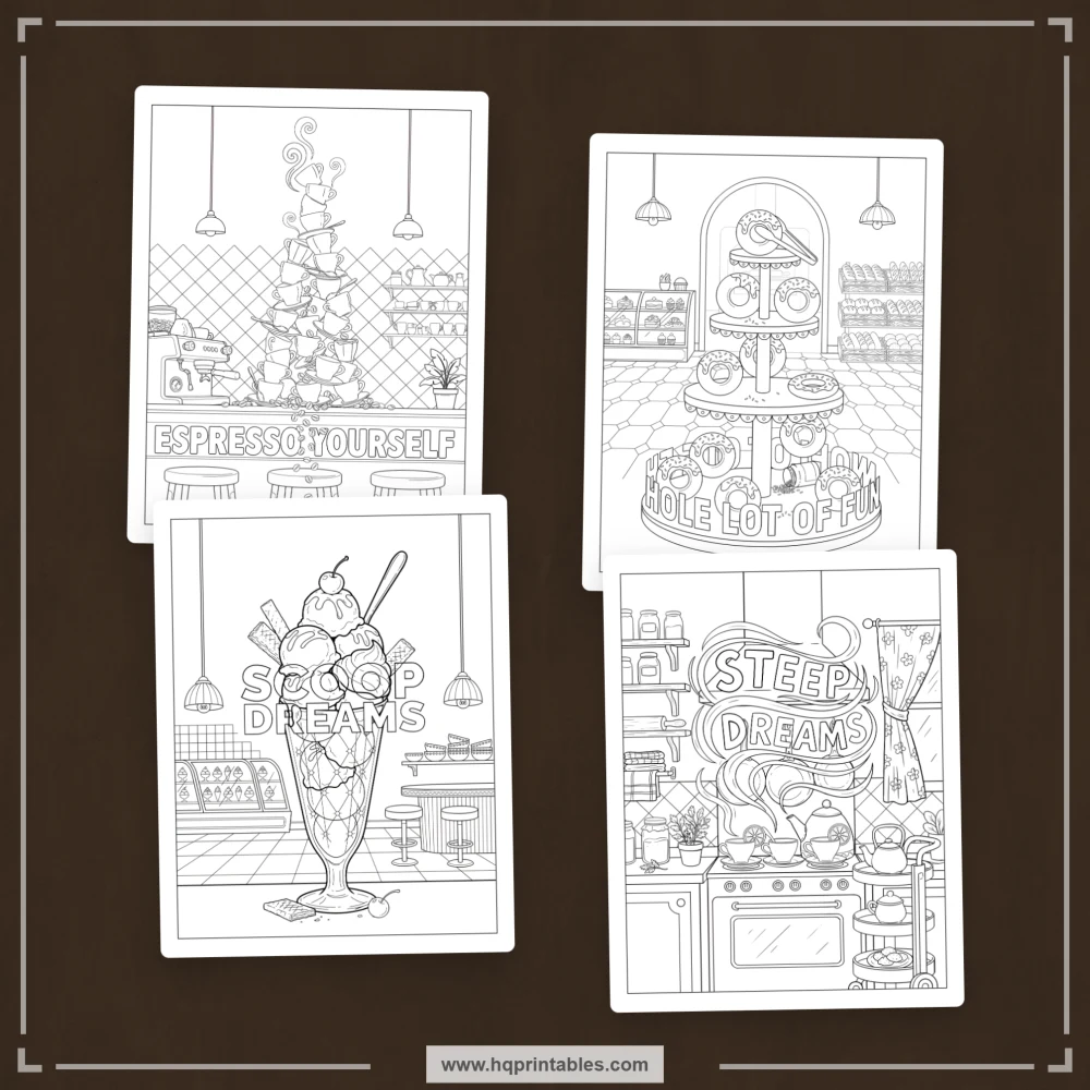 Food pun coloring book for adults featuring funny foodie scenes and integrated colorable phrases.