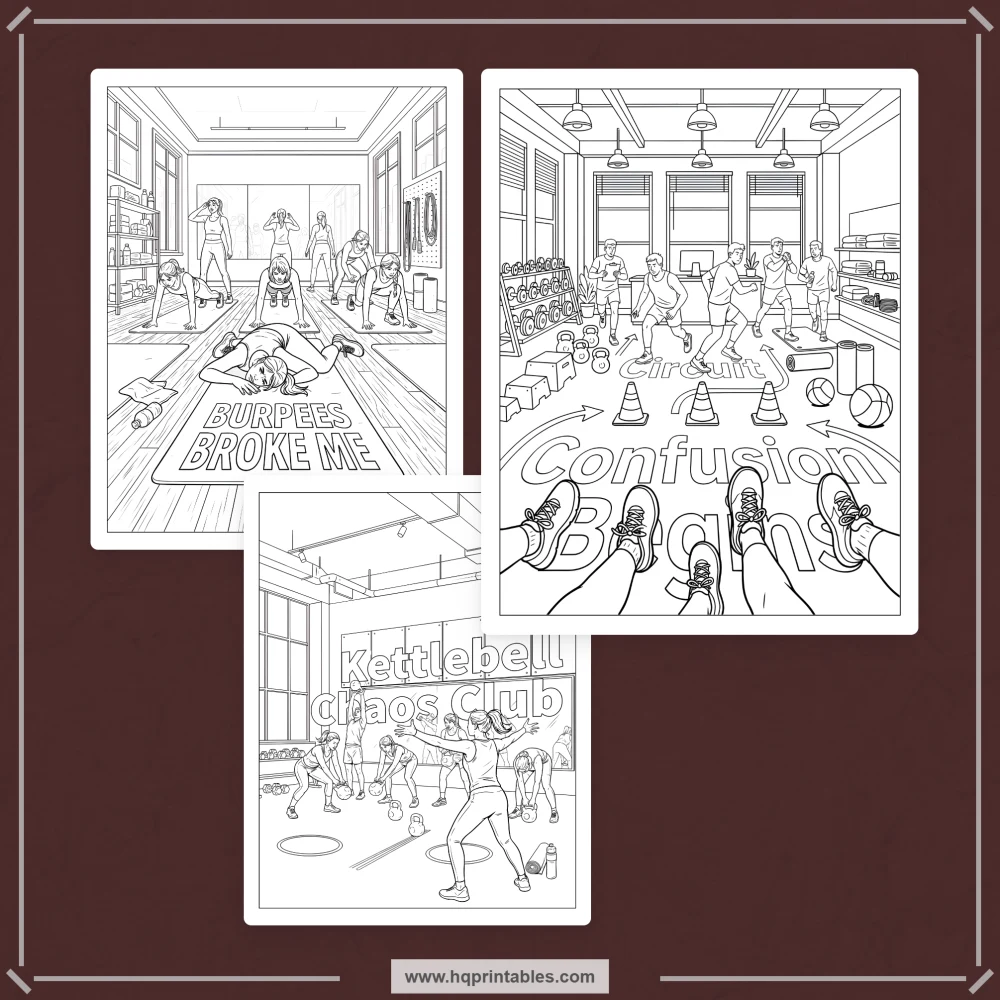 Gym humor coloring book for adults featuring relatable workout jokes and fitness-culture scenes.