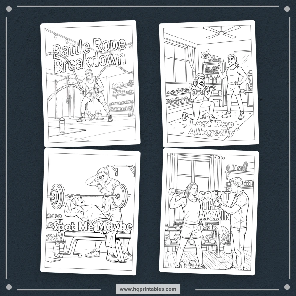 Gym humor coloring book for adults featuring relatable workout jokes and fitness-culture scenes.