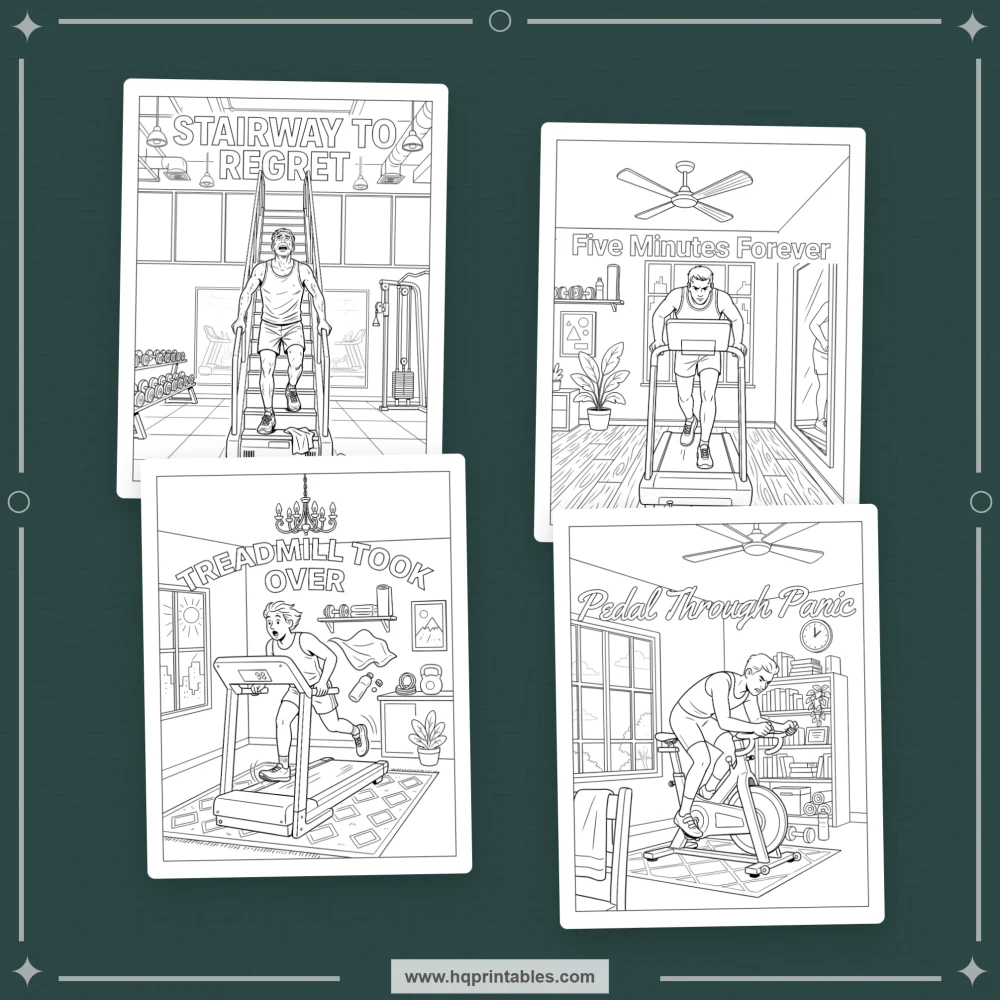 Gym humor coloring book for adults featuring relatable workout jokes and fitness-culture scenes.