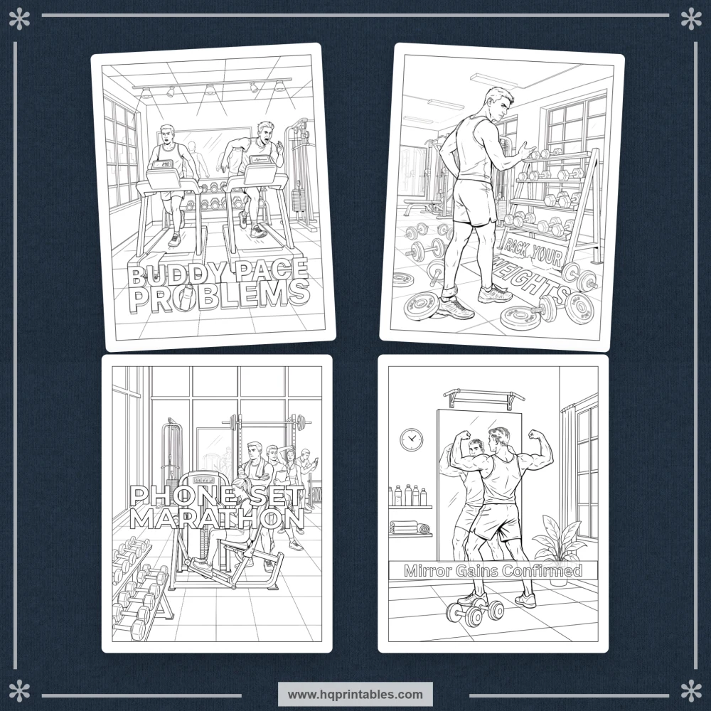 Gym humor coloring book for adults featuring relatable workout jokes and fitness-culture scenes.