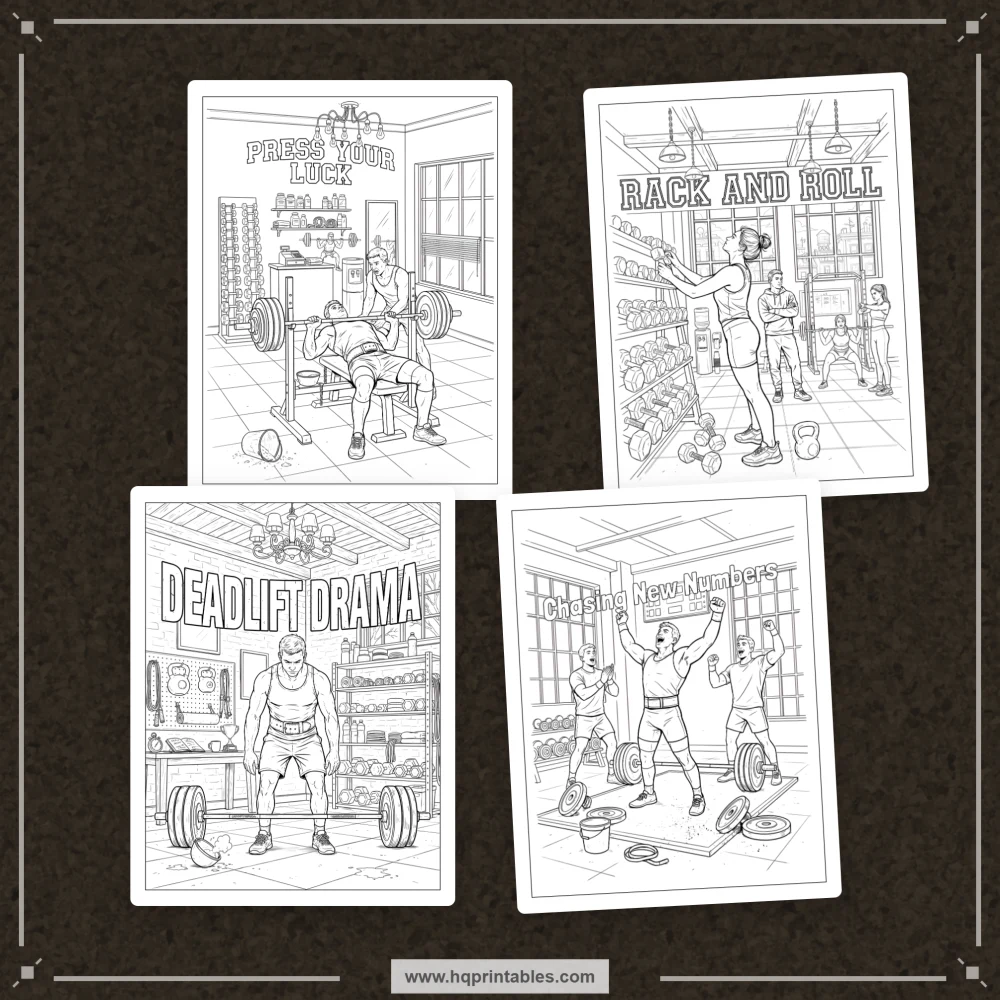 Gym humor coloring book for adults featuring relatable workout jokes and fitness-culture scenes.