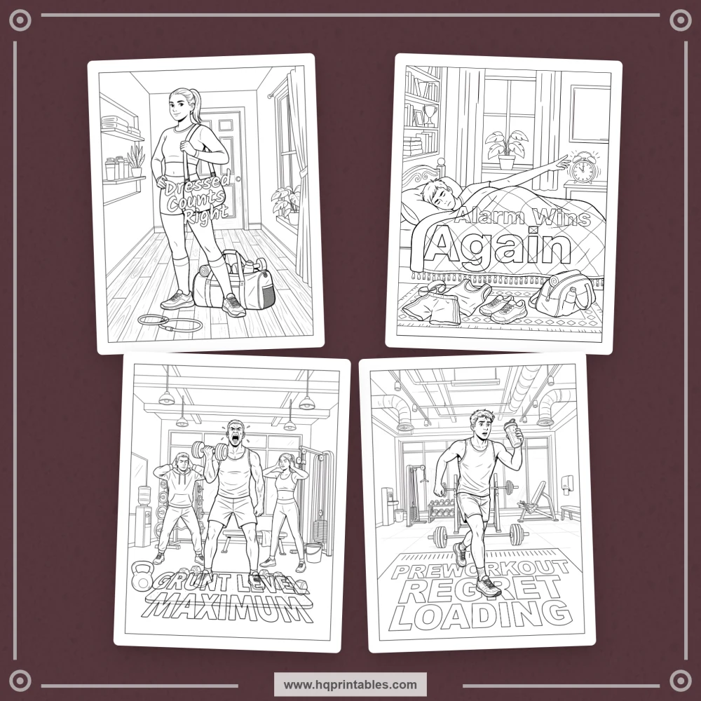 Gym humor coloring book for adults featuring relatable workout jokes and fitness-culture scenes.