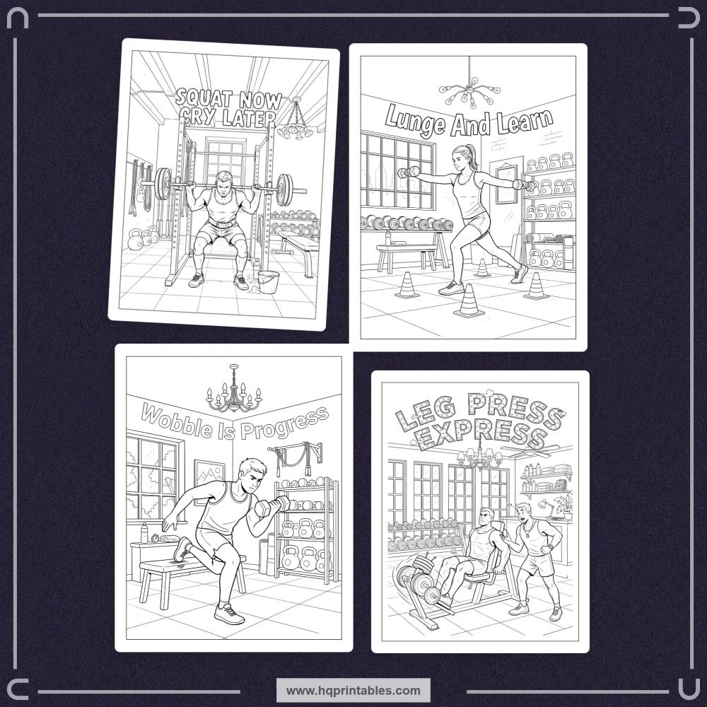 Gym humor coloring book for adults featuring relatable workout jokes and fitness-culture scenes.