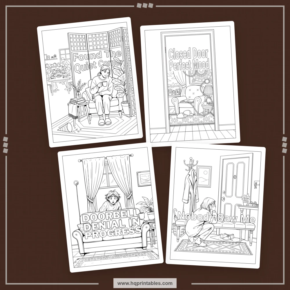 Introvert humor coloring book preview representing relatable homebody moments and social avoidance comedy.