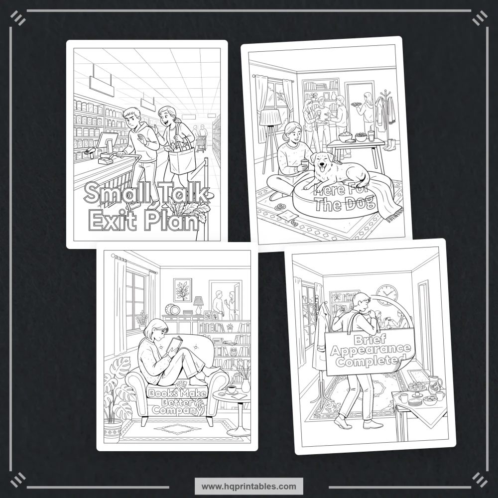 Introvert humor coloring book preview representing relatable homebody moments and social avoidance comedy.