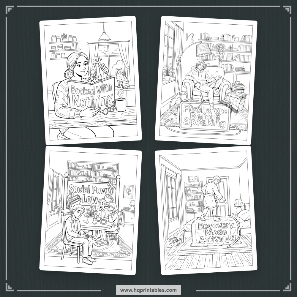 Introvert humor coloring book preview representing relatable homebody moments and social avoidance comedy.