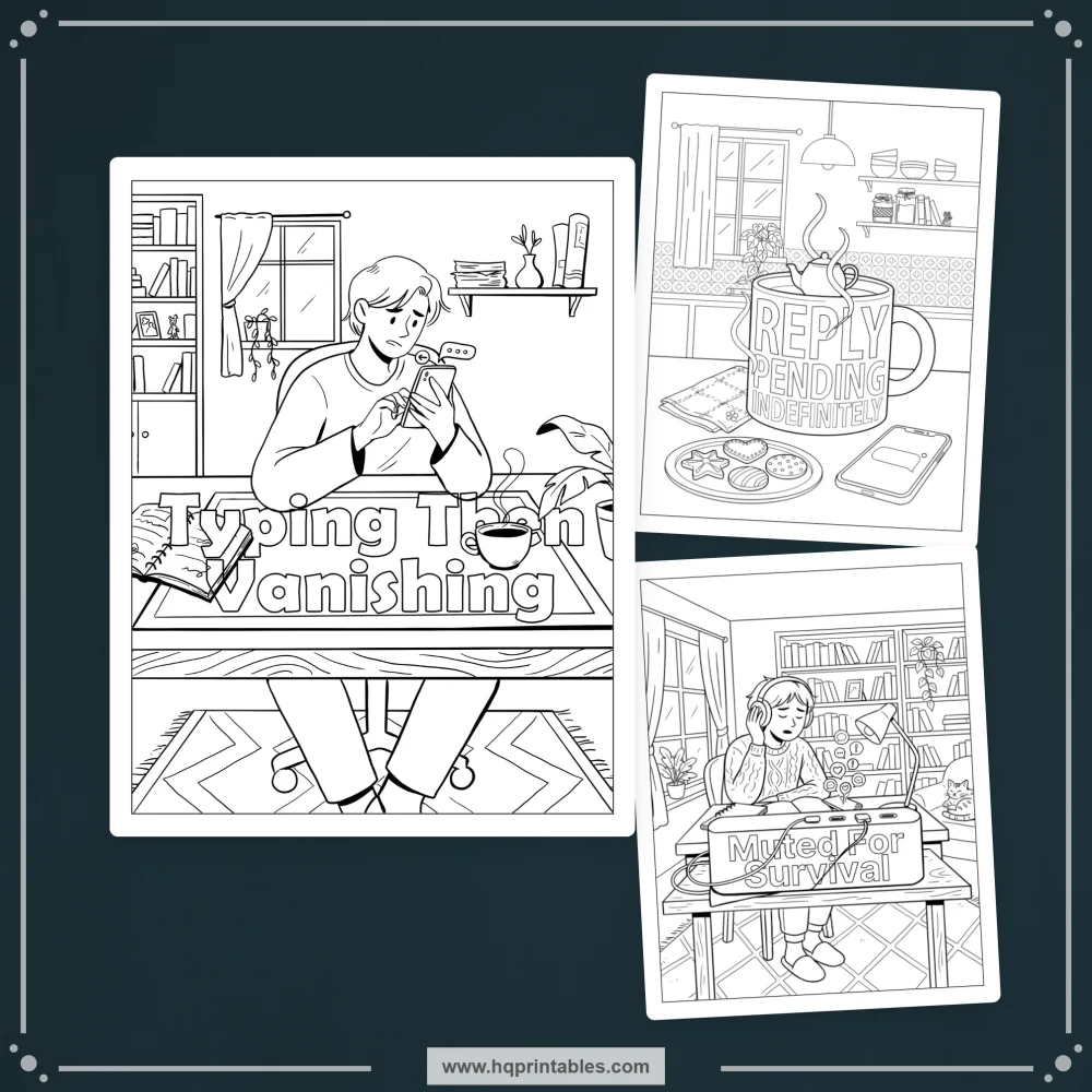 Introvert humor coloring book preview representing relatable homebody moments and social avoidance comedy.
