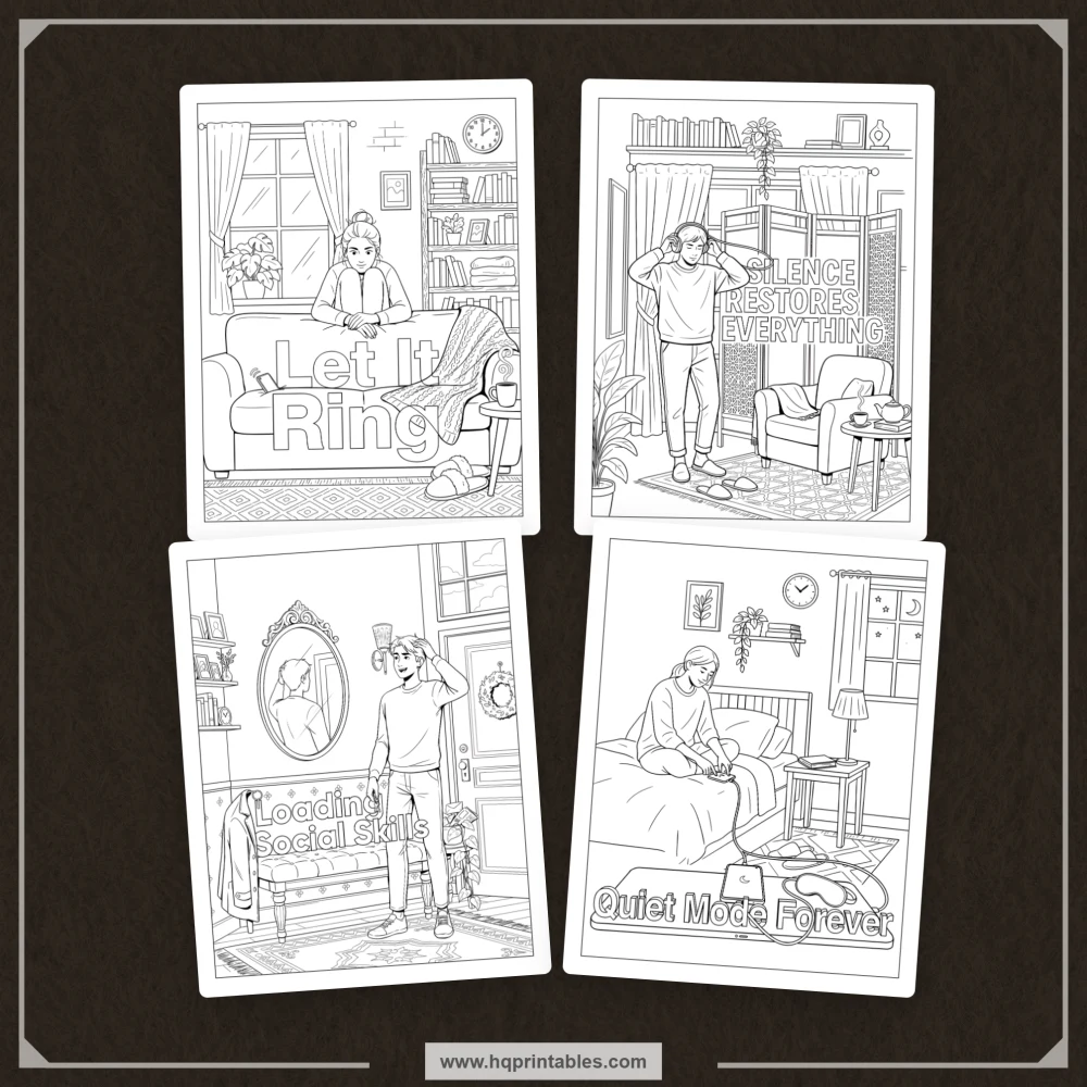 Introvert humor coloring book preview representing relatable homebody moments and social avoidance comedy.