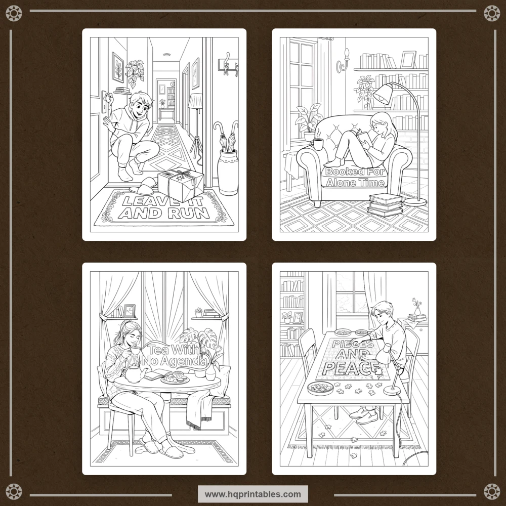 Introvert humor coloring book preview representing relatable homebody moments and social avoidance comedy.