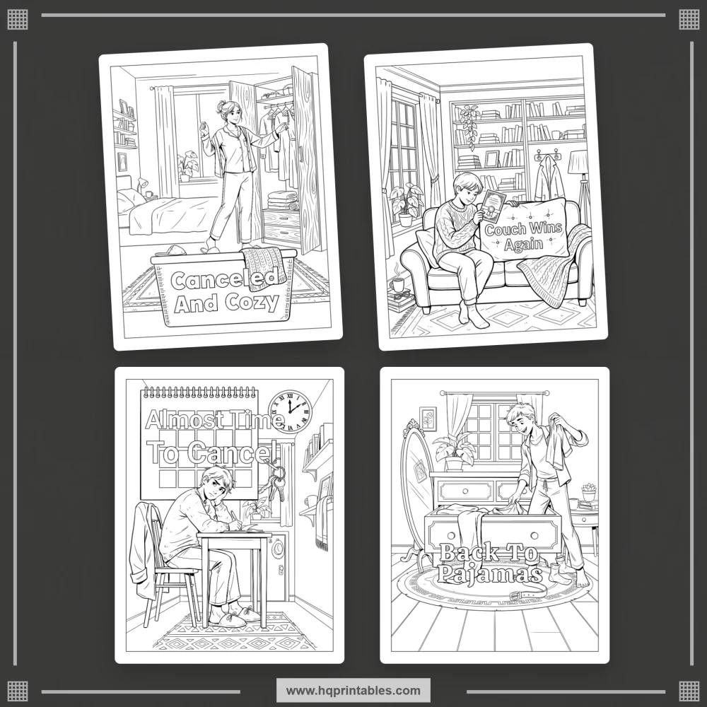 Introvert humor coloring book preview representing relatable homebody moments and social avoidance comedy.