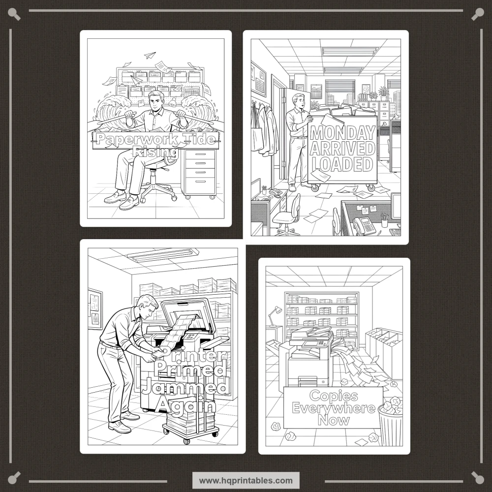 Office humor coloring book preview representing relatable workplace comedy and everyday coworker chaos.