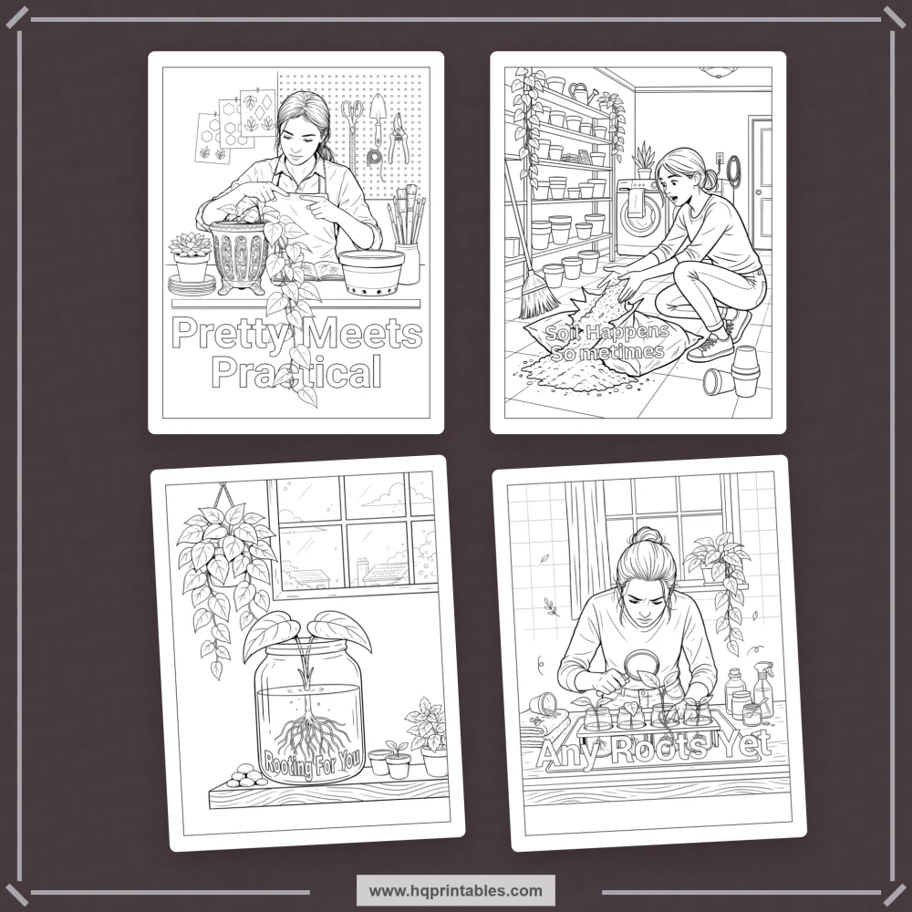 Plant pun coloring book preview representing houseplant, gardening, and plant-care humor for adults.