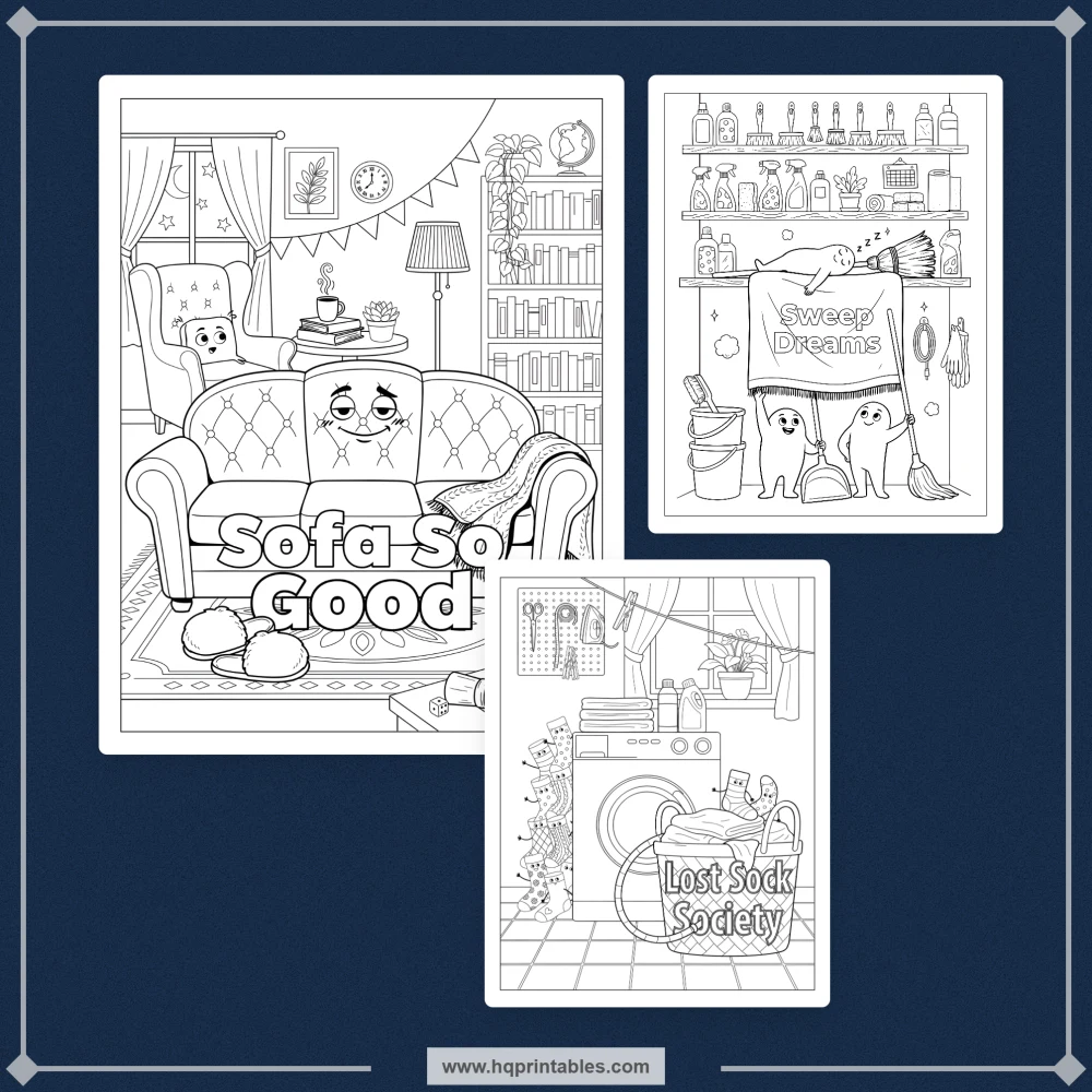 Pun coloring book preview representing clever visual wordplay, quirky scenes, and playful humor for adults.
