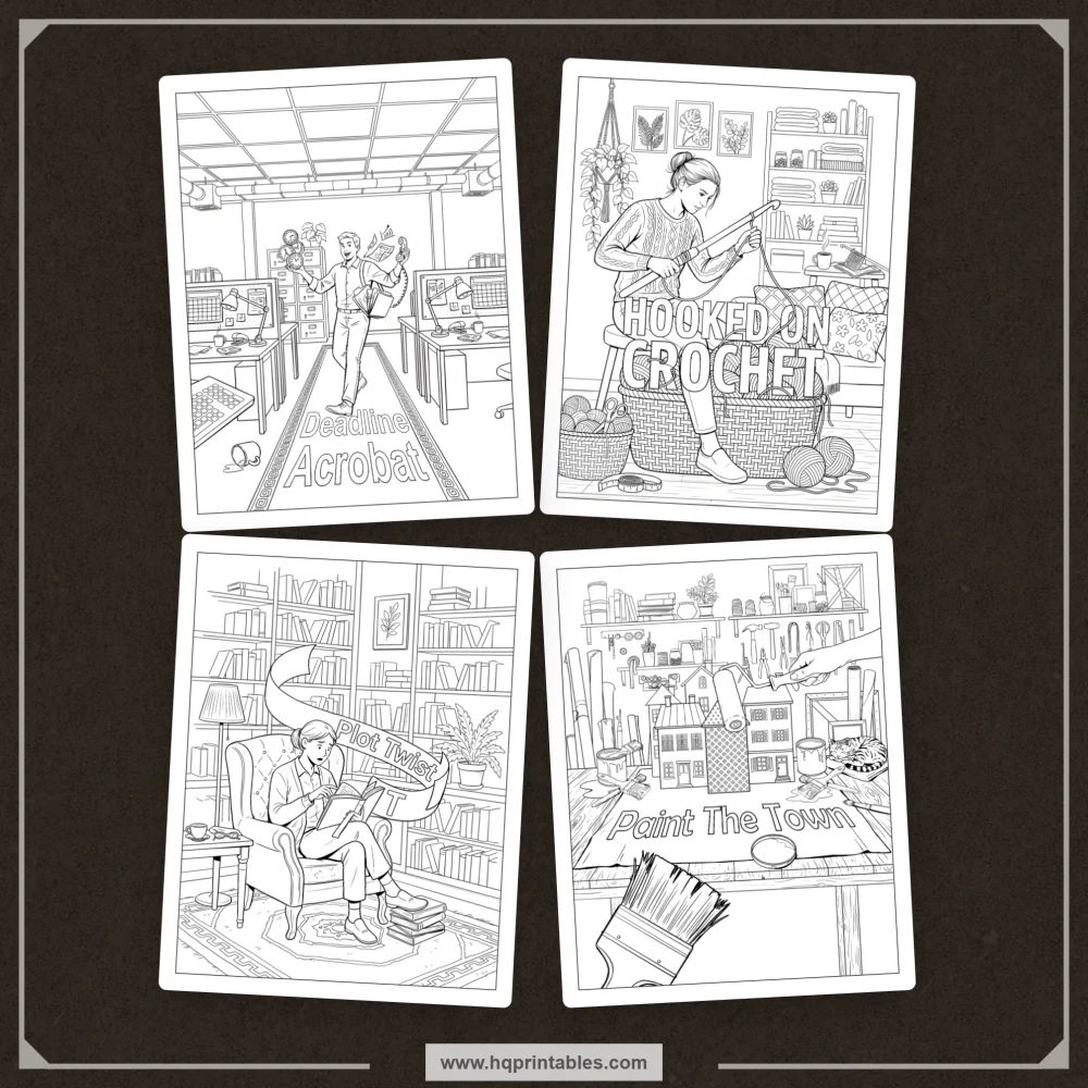 Pun coloring book preview representing clever visual wordplay, quirky scenes, and playful humor for adults.