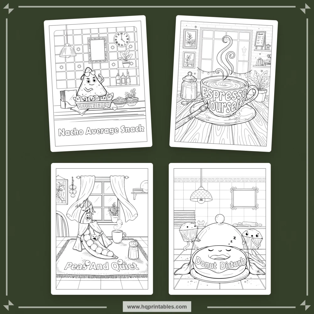 Pun coloring book preview representing clever visual wordplay, quirky scenes, and playful humor for adults.