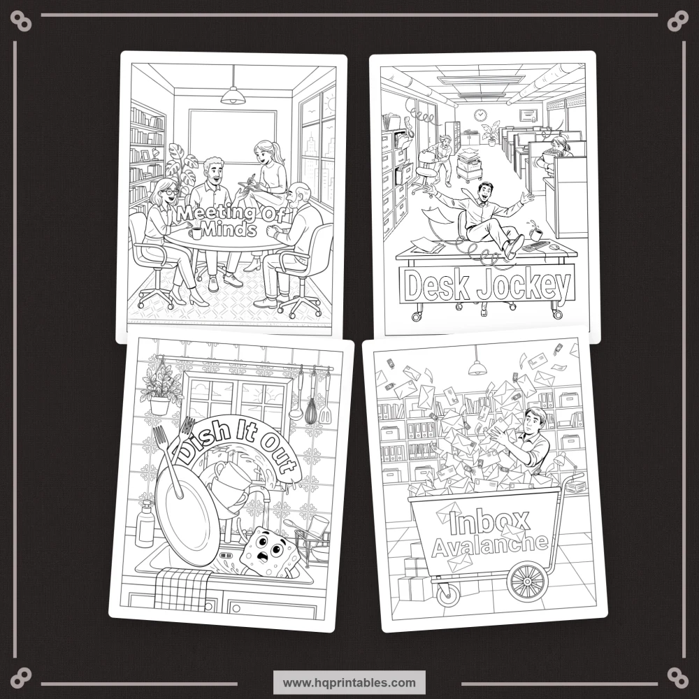 Pun coloring book preview representing clever visual wordplay, quirky scenes, and playful humor for adults.
