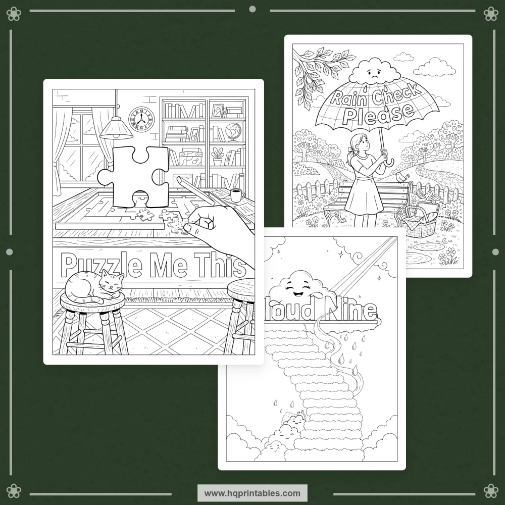 Pun coloring book preview representing clever visual wordplay, quirky scenes, and playful humor for adults.