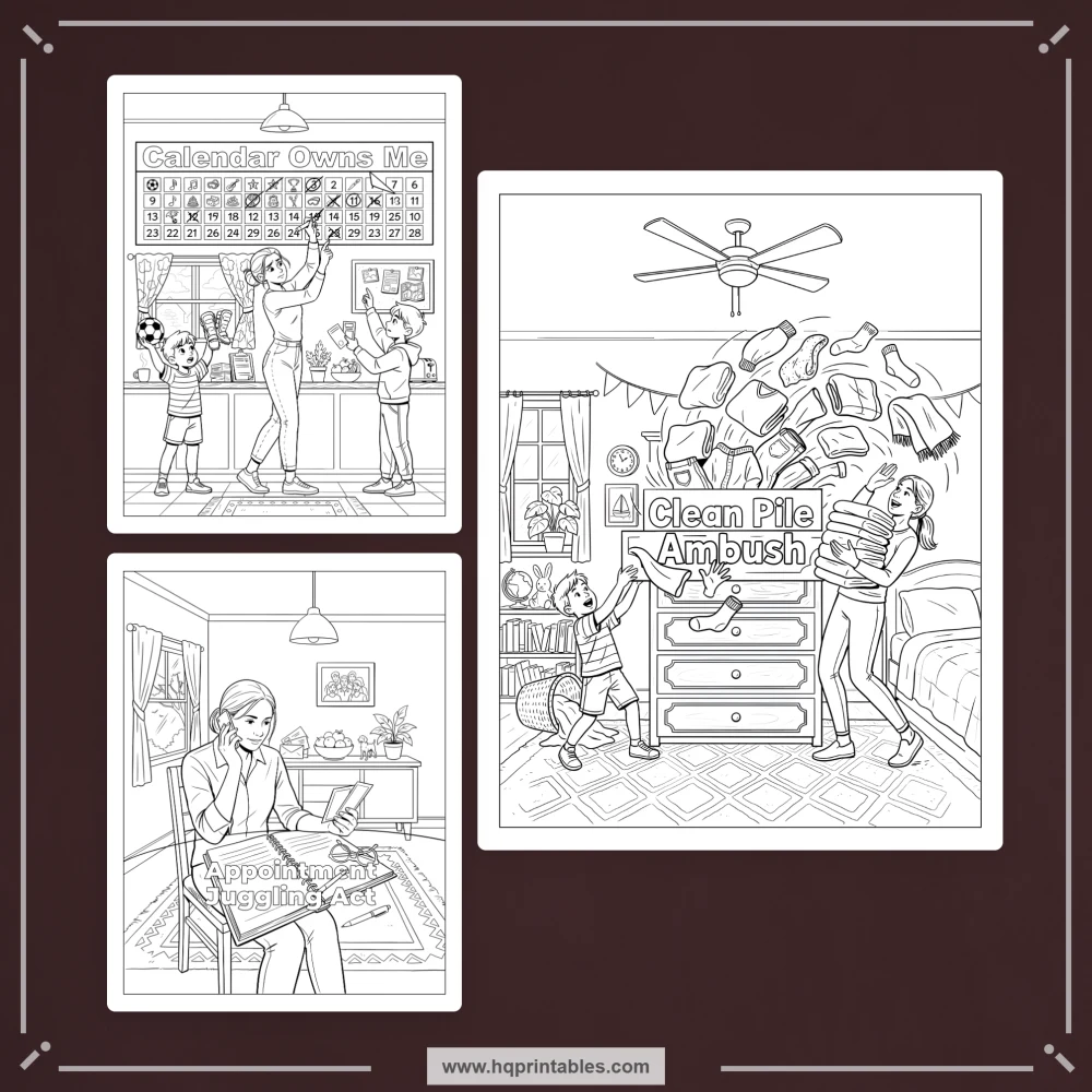 Sarcastic mom coloring book preview representing honest motherhood humor and relatable parenting chaos.