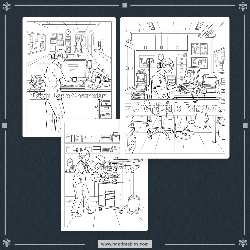 Sarcastic nurse coloring book preview representing relatable shift comedy and healthcare workplace humor.
