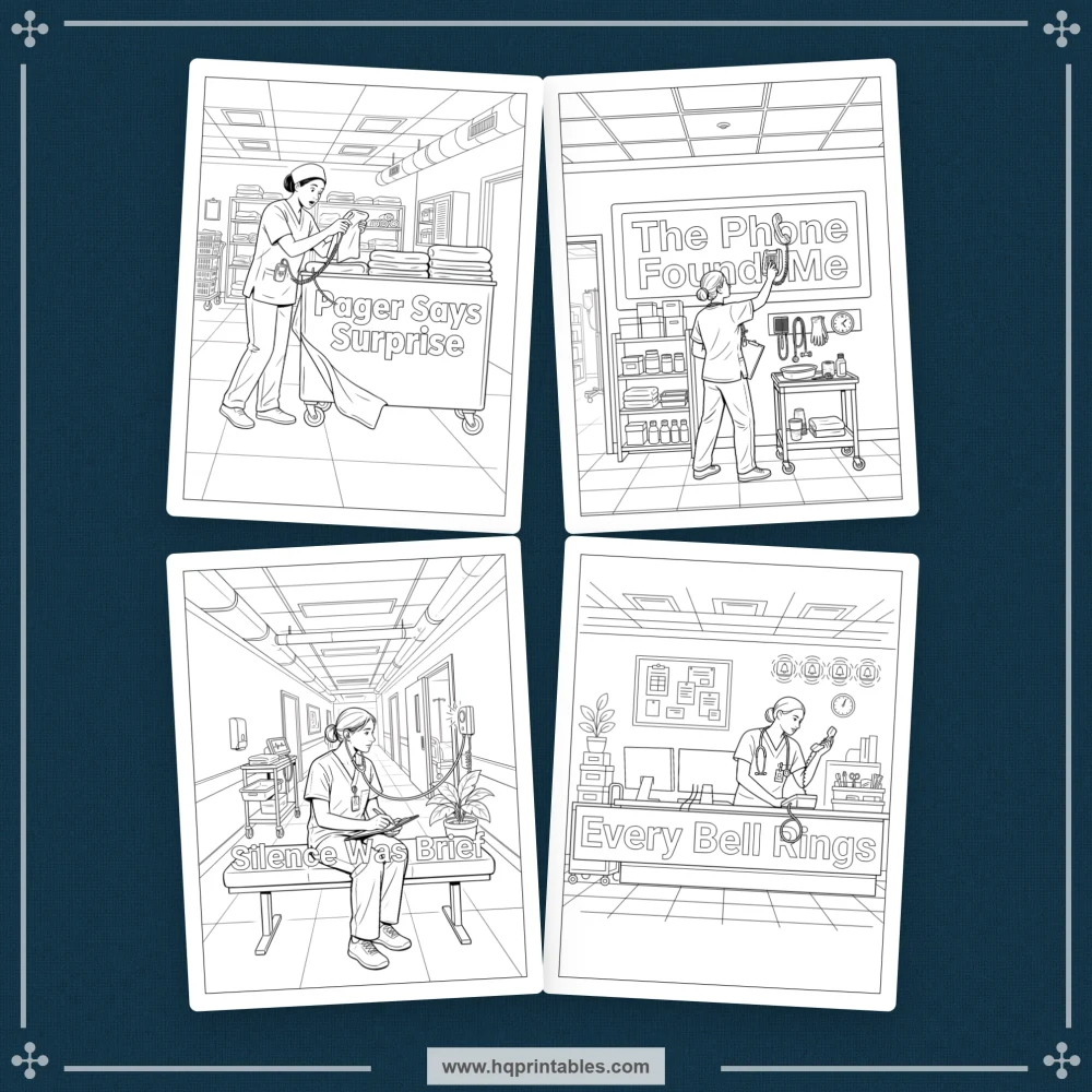 Sarcastic nurse coloring book preview representing relatable shift comedy and healthcare workplace humor.