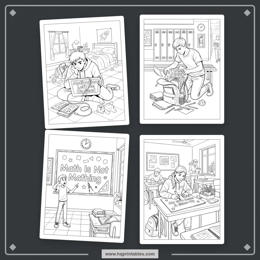Printable sarcastic teen coloring book preview featuring snarky youth humor and relatable everyday situations.