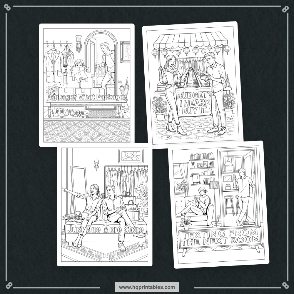Printable sarcastic wife coloring book preview featuring wife-centered marriage humor and playful couple banter.